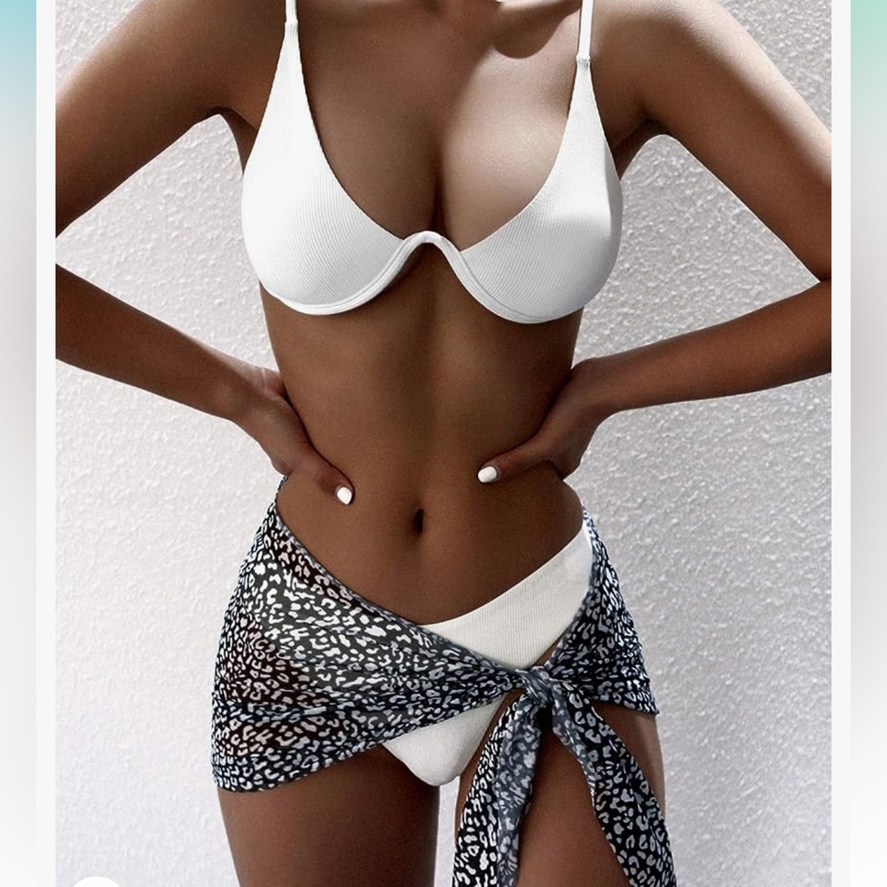 Large white bikini set with black and white leopard sarong